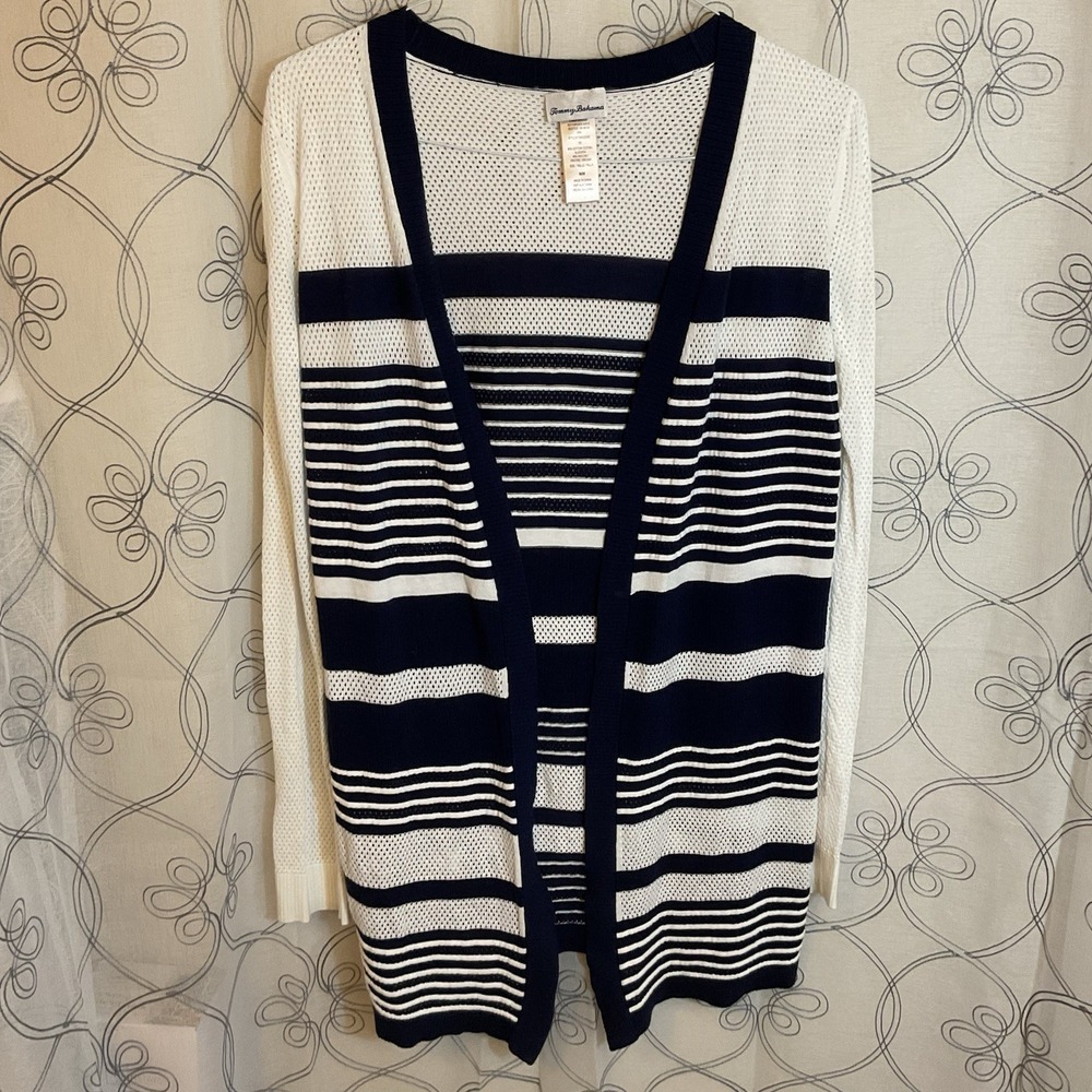 Tommy Bahama Navy White open striped long sleeve cardigan‎ duster Size Medium